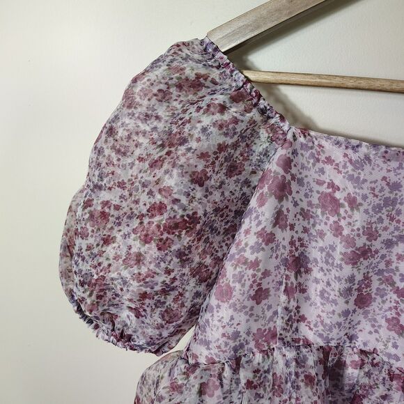 Floral Puff Sleeve Chiffon Mini Dress Purple Cottagecore Fairy Size M - Picture 3 of 10